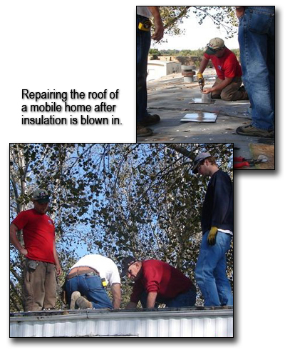 Repairing the roof of a mobile home after insulation is blown in.