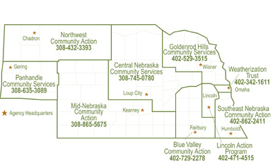 map of weatherization service areas in Nebraska