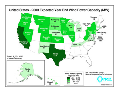 Map of wind capacity in the U.S.