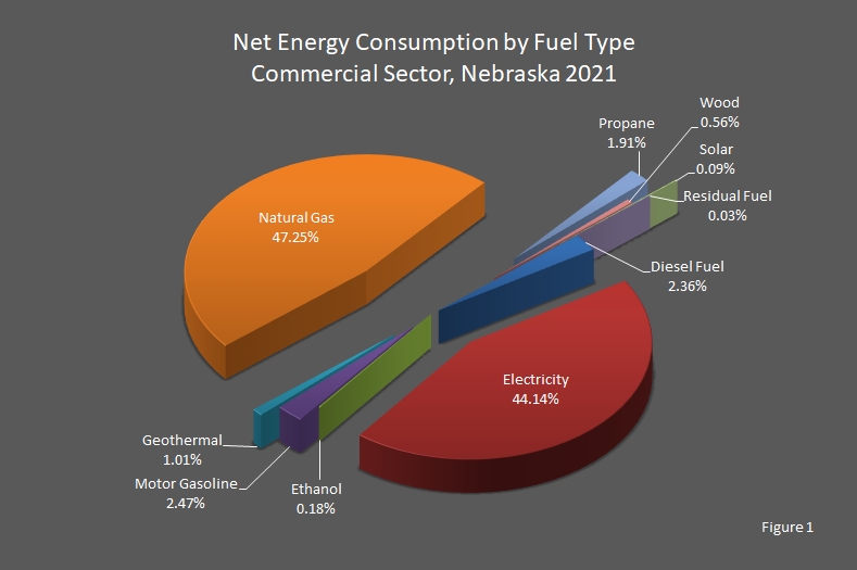 pie chart graphic displaying Net Energy Consumption by fuel type, by commercial sector, in Nebraska