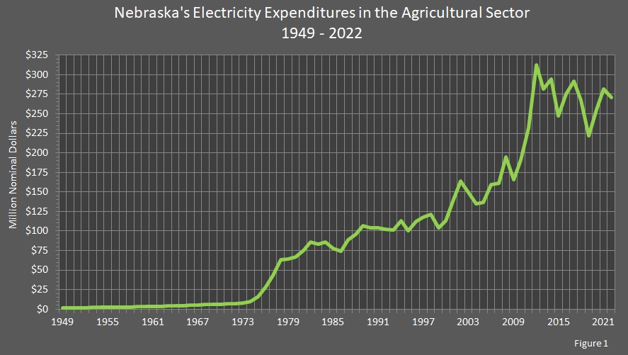 line chart showing Nebraska's Electricity Expenditures in the Agricultural Sector.