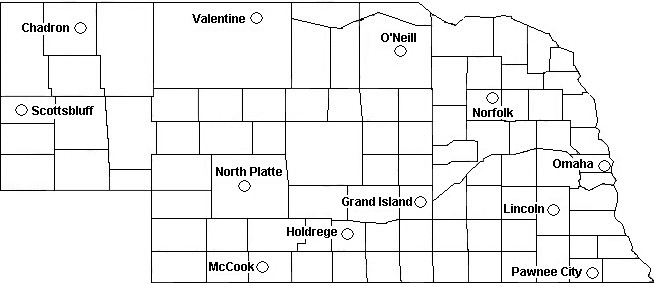 map of Nebraska allowing you to select any one of twelve cities for Heating and Cooling Degree Day information.